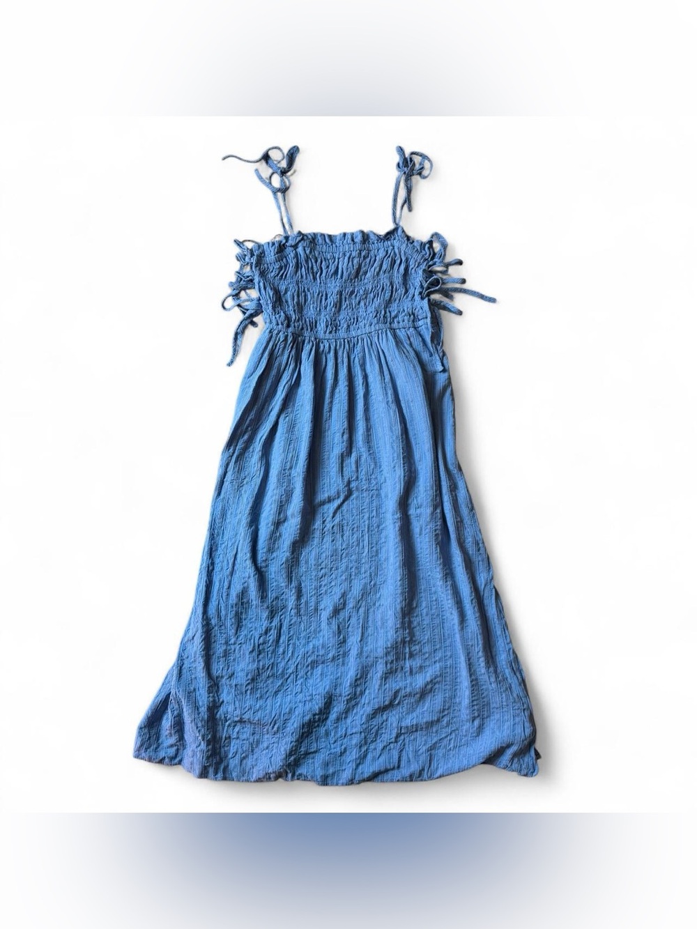 Topshop Women’s Blue Tie Strap Striped Ruched Midi Sundress w/ Leg Slit Size S